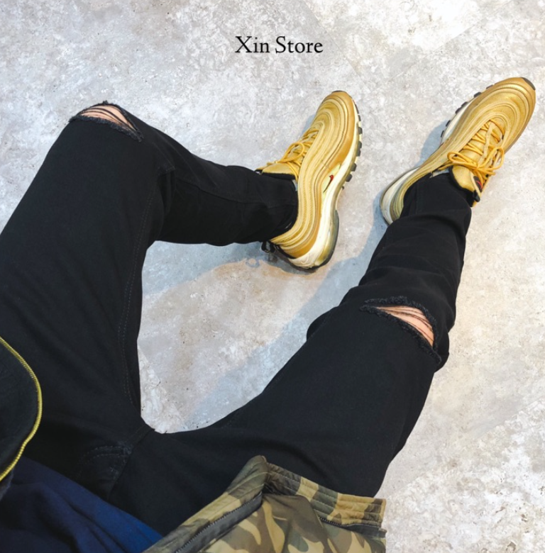 【現貨】Share 雙膝刀割 小破壞 彈性修身 水洗 窄版破褲 牛仔褲 水洗藍