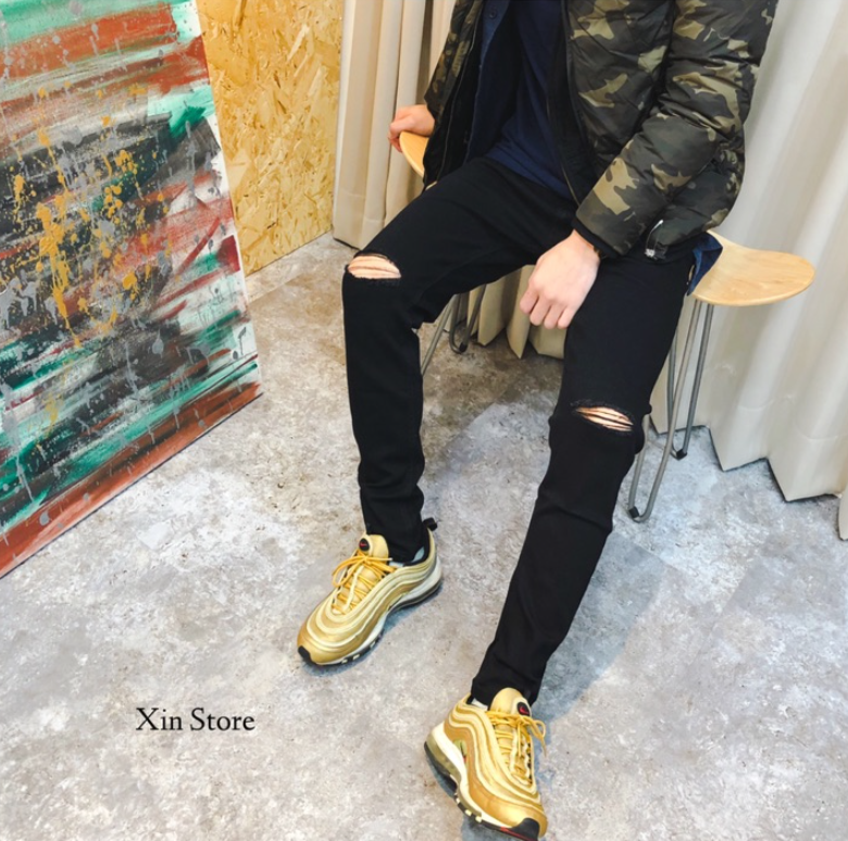 【現貨】Share 雙膝刀割 小破壞 彈性修身 水洗 窄版破褲 牛仔褲 水洗藍