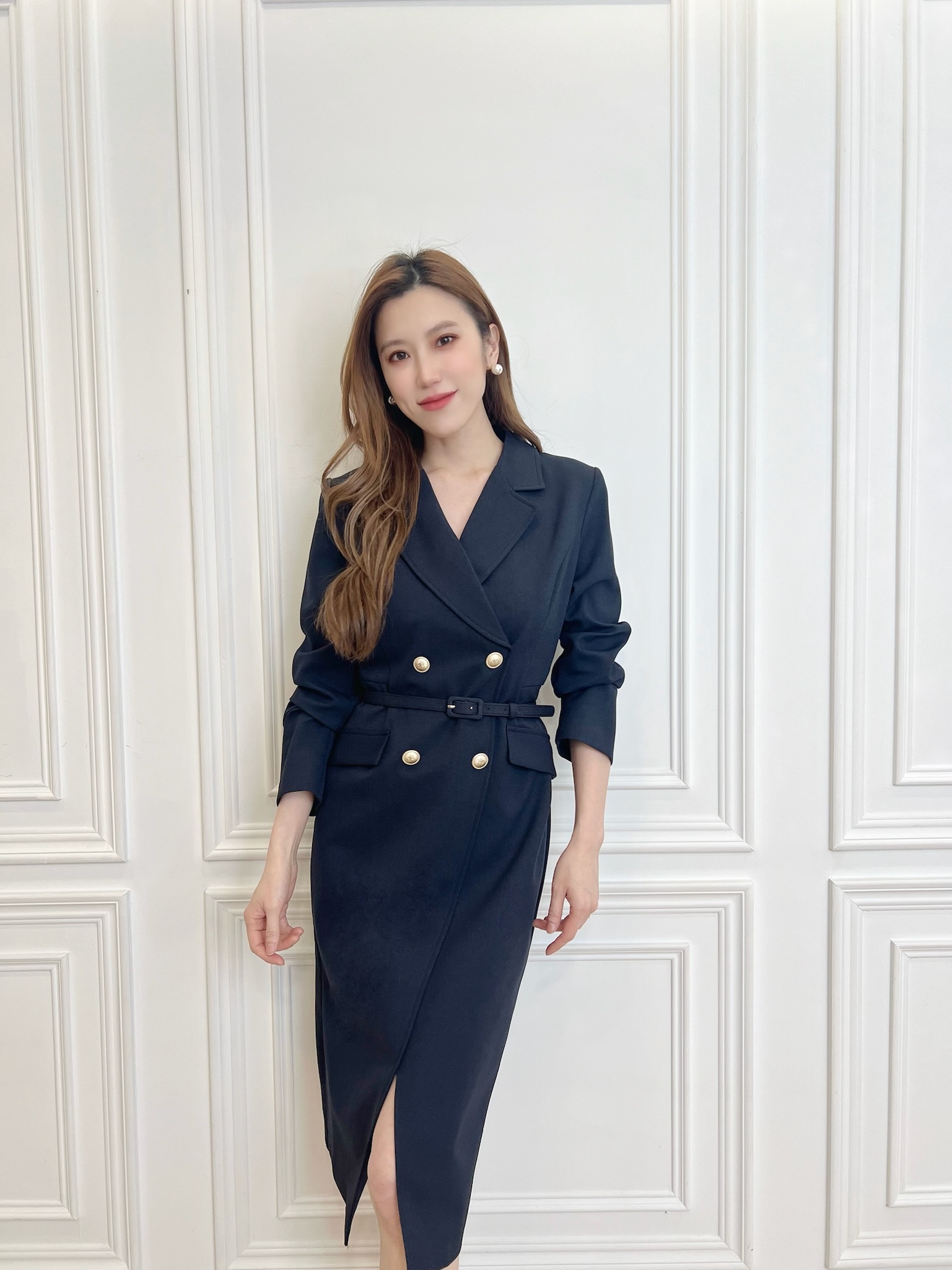 氣質翻領前開衩腰帶洋裝