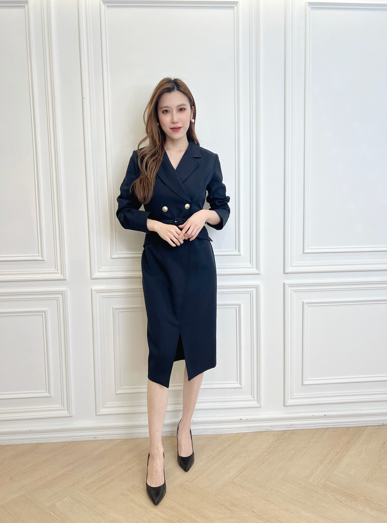 氣質翻領前開衩腰帶洋裝