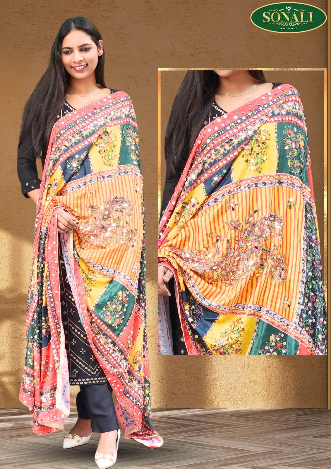 Sonali Premier Quality Women's Heavy Embroidered Mirror Work Dupattas