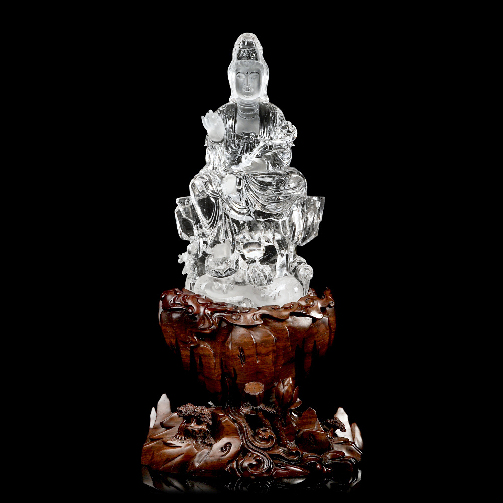 白水晶蒐藏級高淨體觀音雕刻觀世音菩薩白水晶觀音雕刻｜手工客製黑檀木座