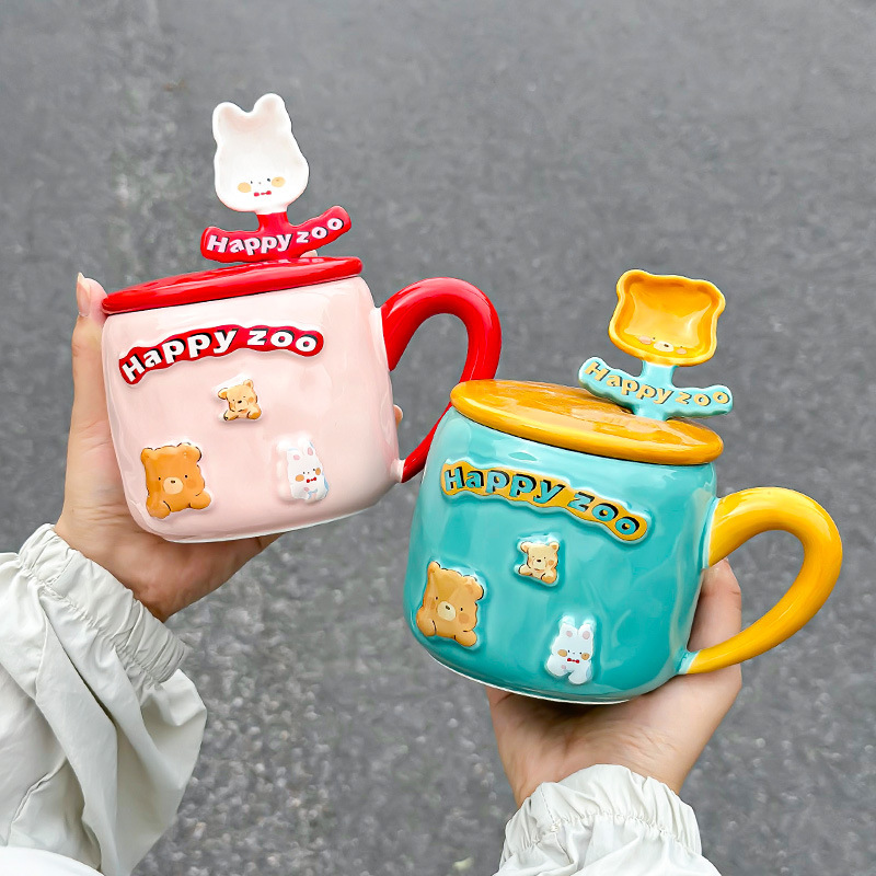 Happy Zoo Ceramic Mug with Lid and Spoon 400ML