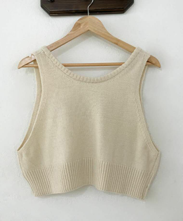 短版簡約針織背心(米色)