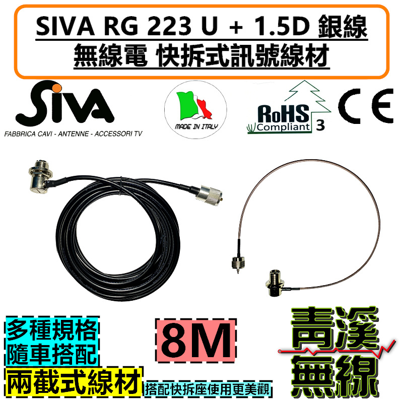 義大利 進口銀線 SIVA RG223 U 無線電快拆天線座訊號線 8M 【快拆式】訊號線 3D雙層網銀線 快拆天線座 兩截式 可拆線 無線電 車機 快拆