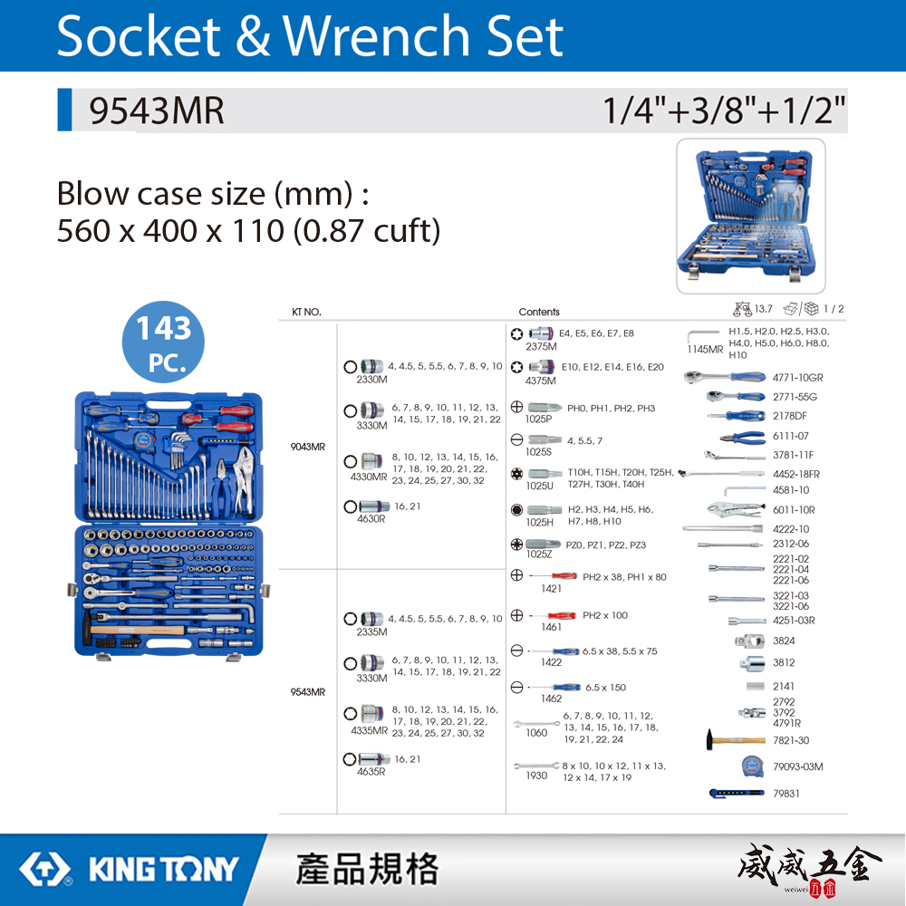 KING TONY 金統立｜143件式 1/4"+3/8"+1/2" 套筒組 板手 綜合工具組｜9543MR｜台灣製｜公司貨