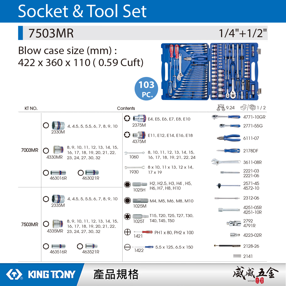 KING TONY 金統立｜103件式 1/4"+1/2"手動工具組 套筒組 板手 綜合工具組｜7503MR｜台灣製｜公司貨