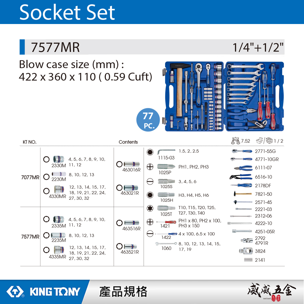 KING TONY 金統立｜77件式 1/4"+1/2" 手動工具組 套筒組 板手 綜合工具組｜7577MR