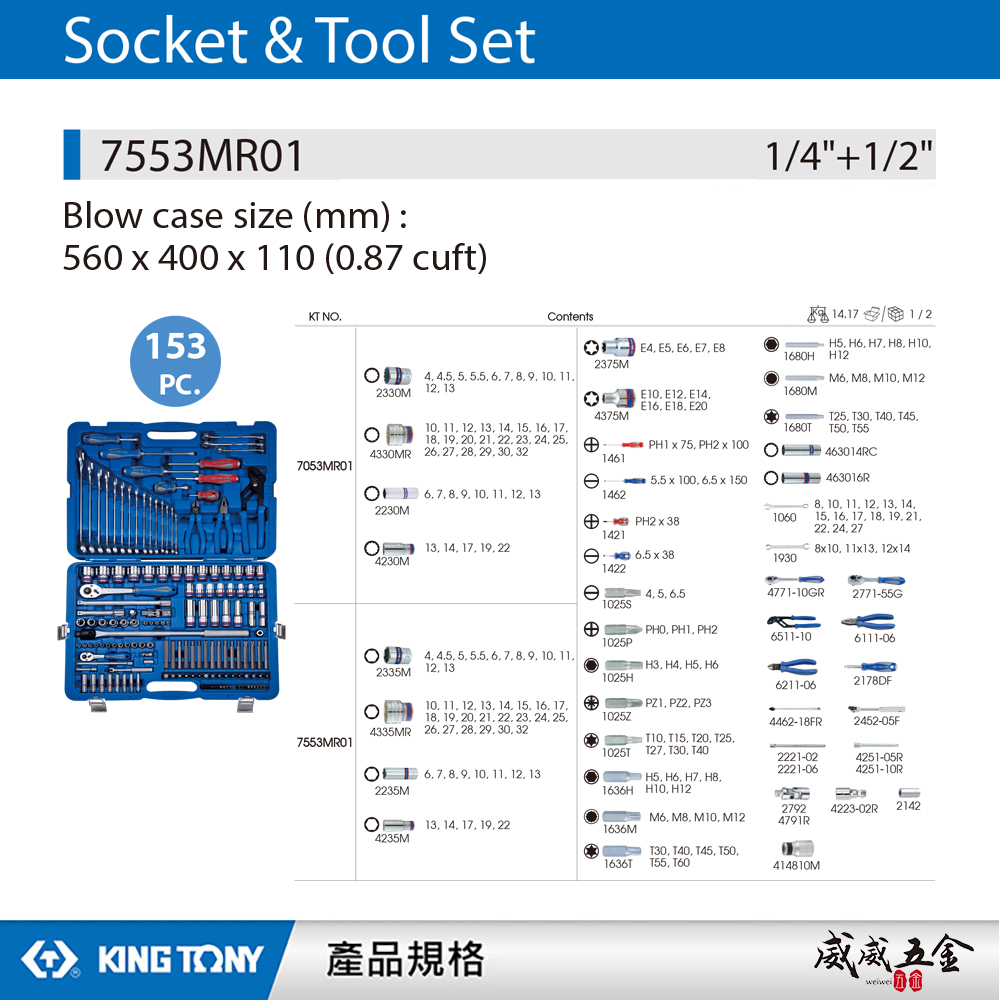 KING TONY 金統立｜153件式 1/4"+1/2" 手動工具組 套筒組 綜合板手組｜7553MR01