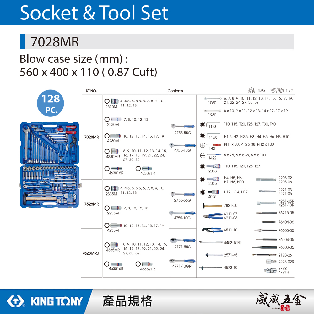 KING TONY 金統立｜128件式 1/4"+1/2"手動工具組 盒裝 套筒組 綜合板手組｜7028MR｜台灣製｜公司貨