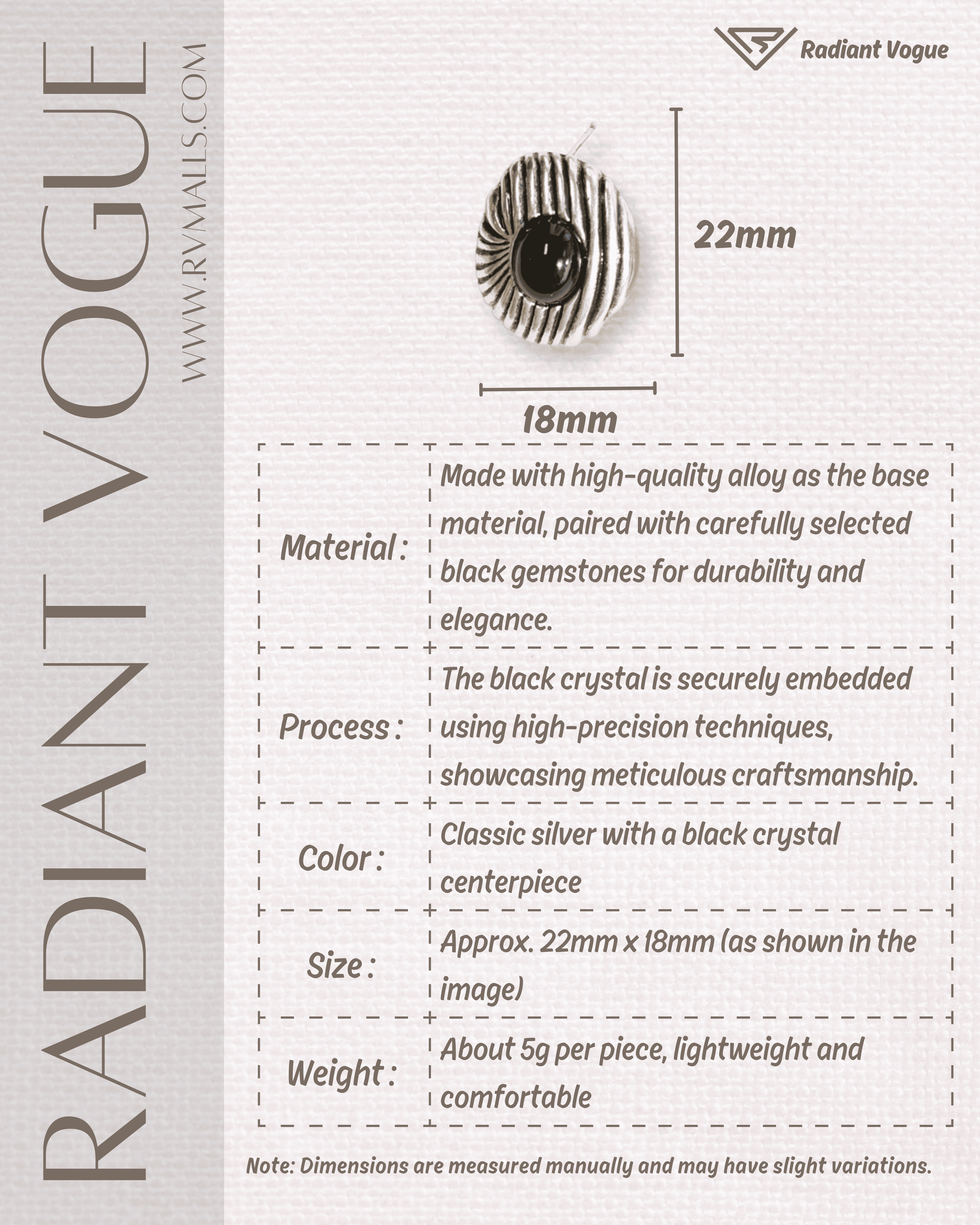 銀色黑晶耳環產品參數, 22mm x 18mm 尺寸, 高級合金與黑色晶石製作, 輕巧5克適合全天佩戴。