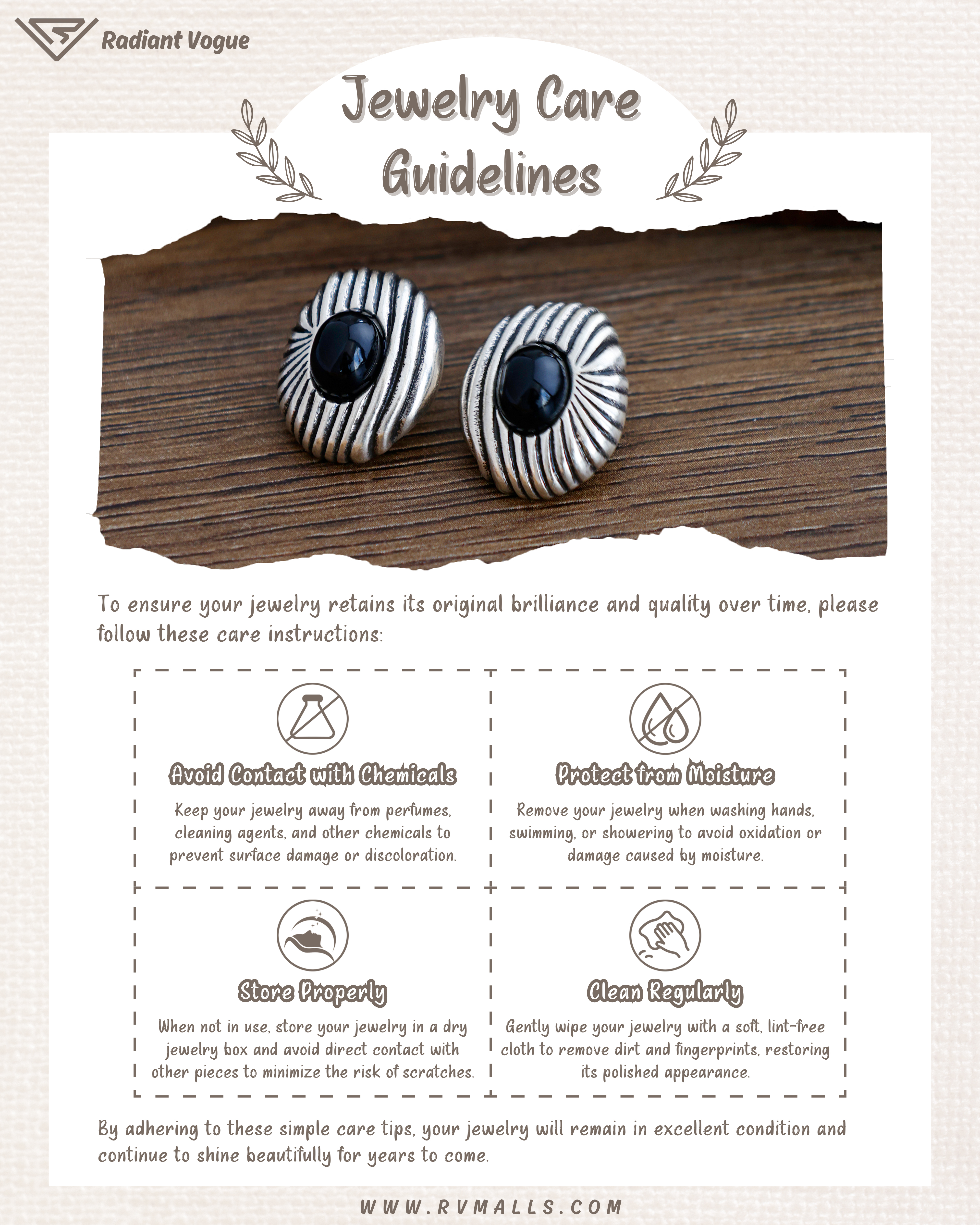 銀色黑晶耳環保養指南, 避免接觸化學物質與濕氣, 妥善存放於乾燥環境, 柔軟布料定期清潔保持光澤。