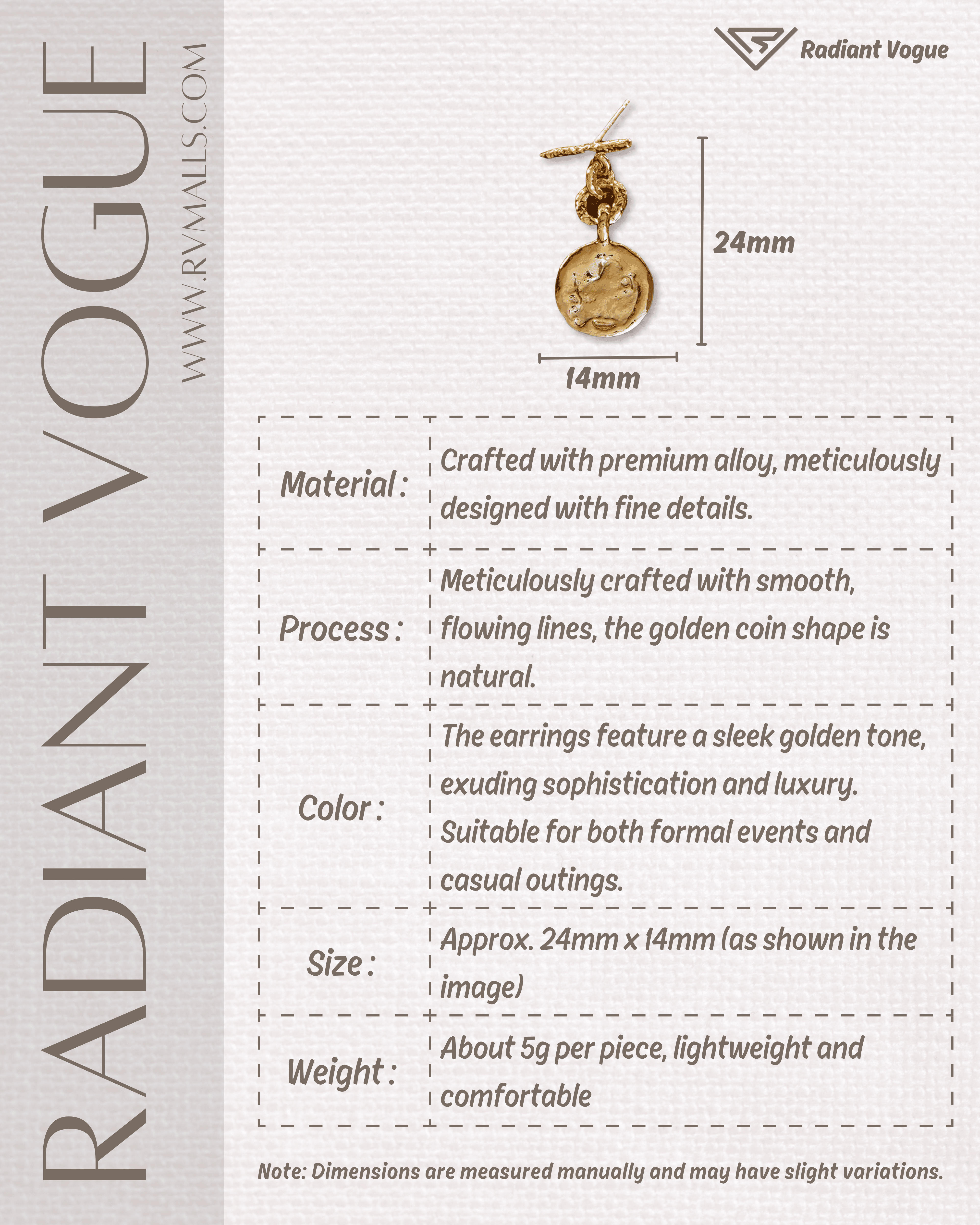 優質合金, 24mm × 14mm, 重量約5克, 典雅金色設計, 適合多種場合。