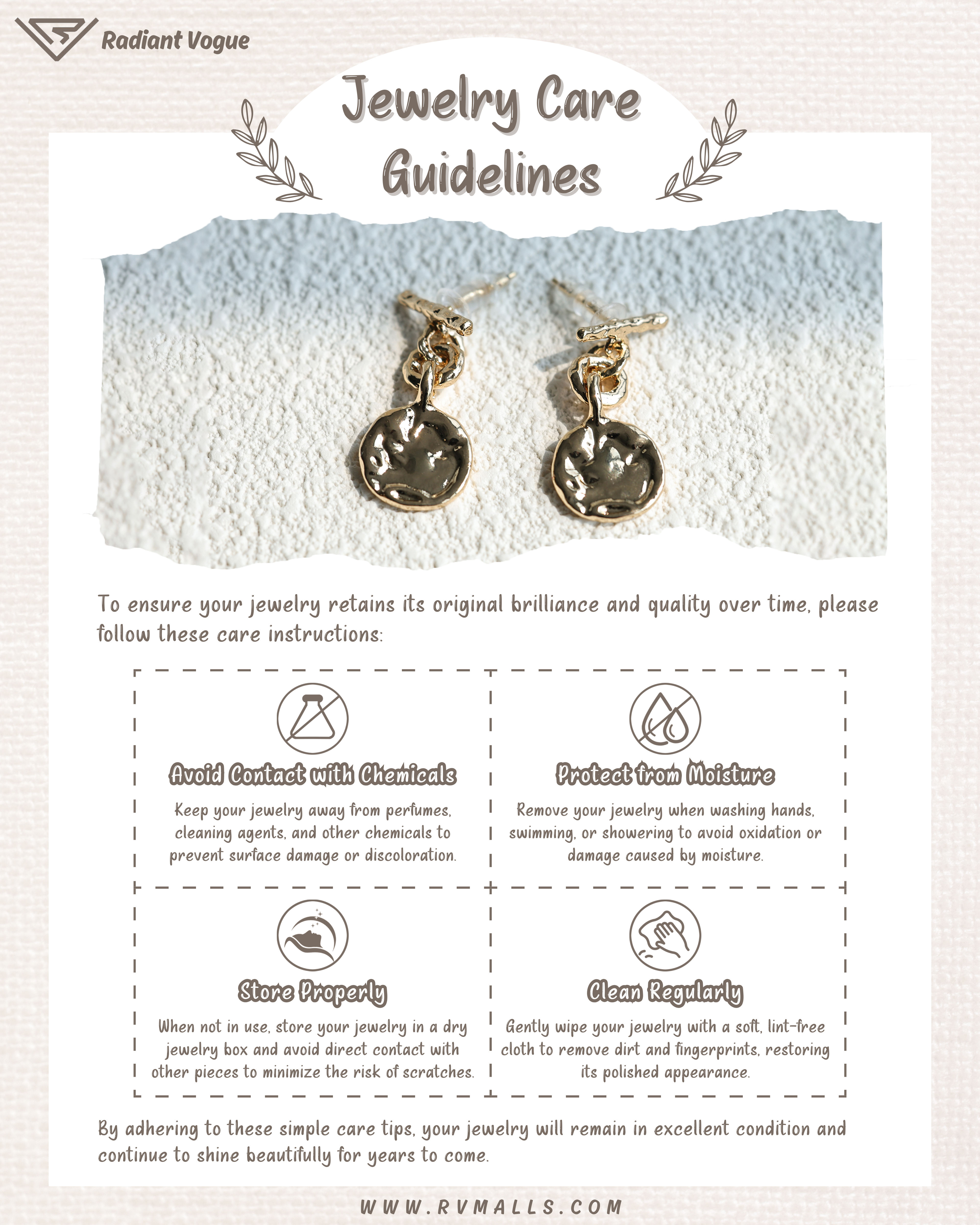 金幣造型耳環保養指引, 遠離化學物質與濕氣, 妥善存放於乾燥環境, 定期清潔以保持耳環亮麗外觀。
