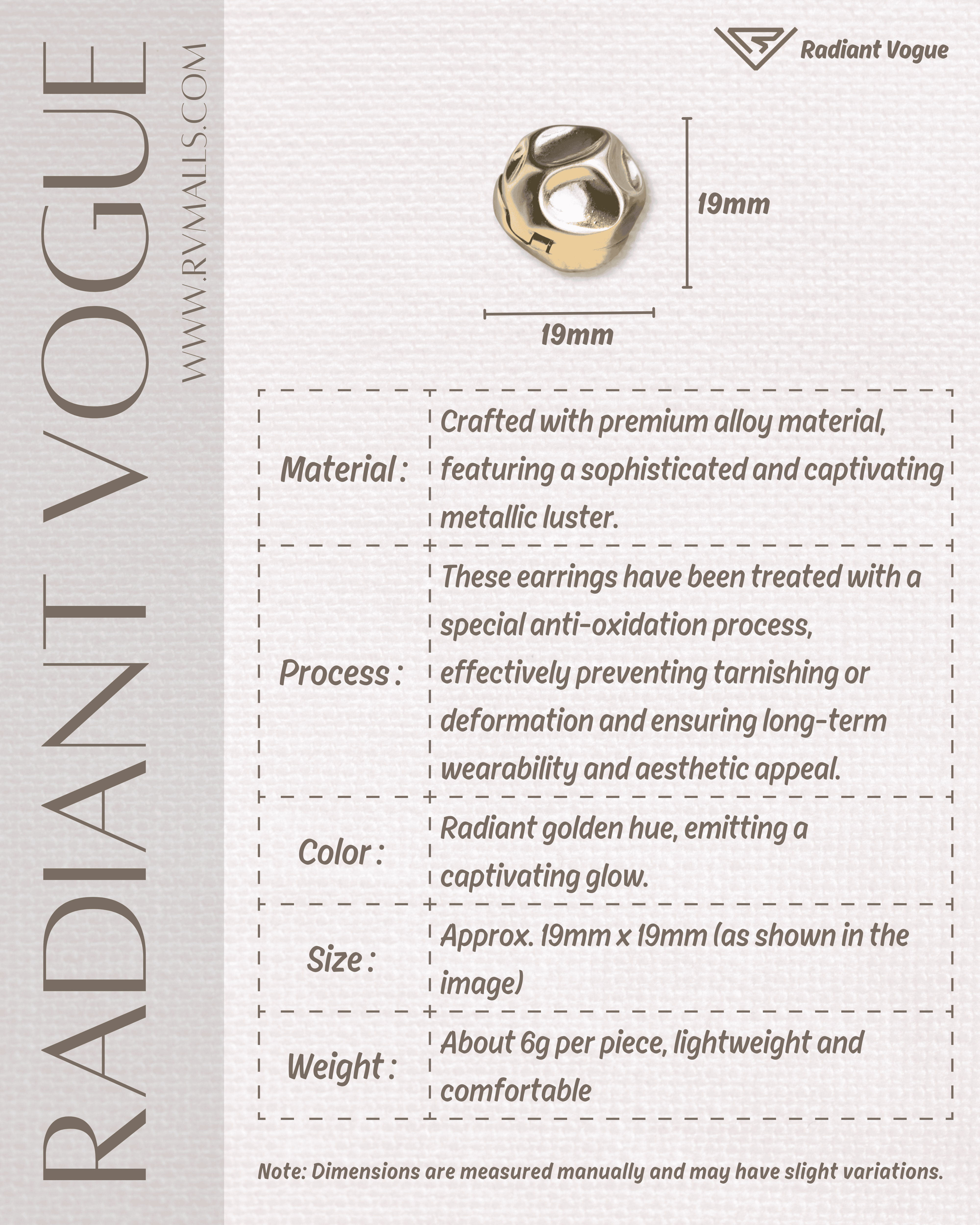金色幾何耳環產品詳情, 19mm輕巧抗敏耳環, 採用防氧化處理, 呈現璀璨金色光澤。