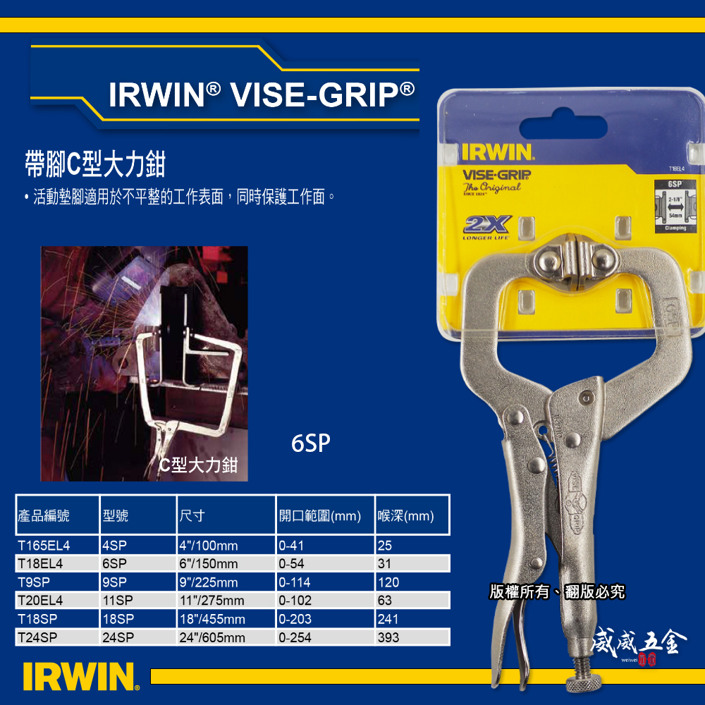 美國 IRWIN 握手牌｜4SP 6SP 9SP 11SP 18SP 24SP｜活動爪型C型大力鉗 固定鉗 附鐵片萬能鉗｜公司貨