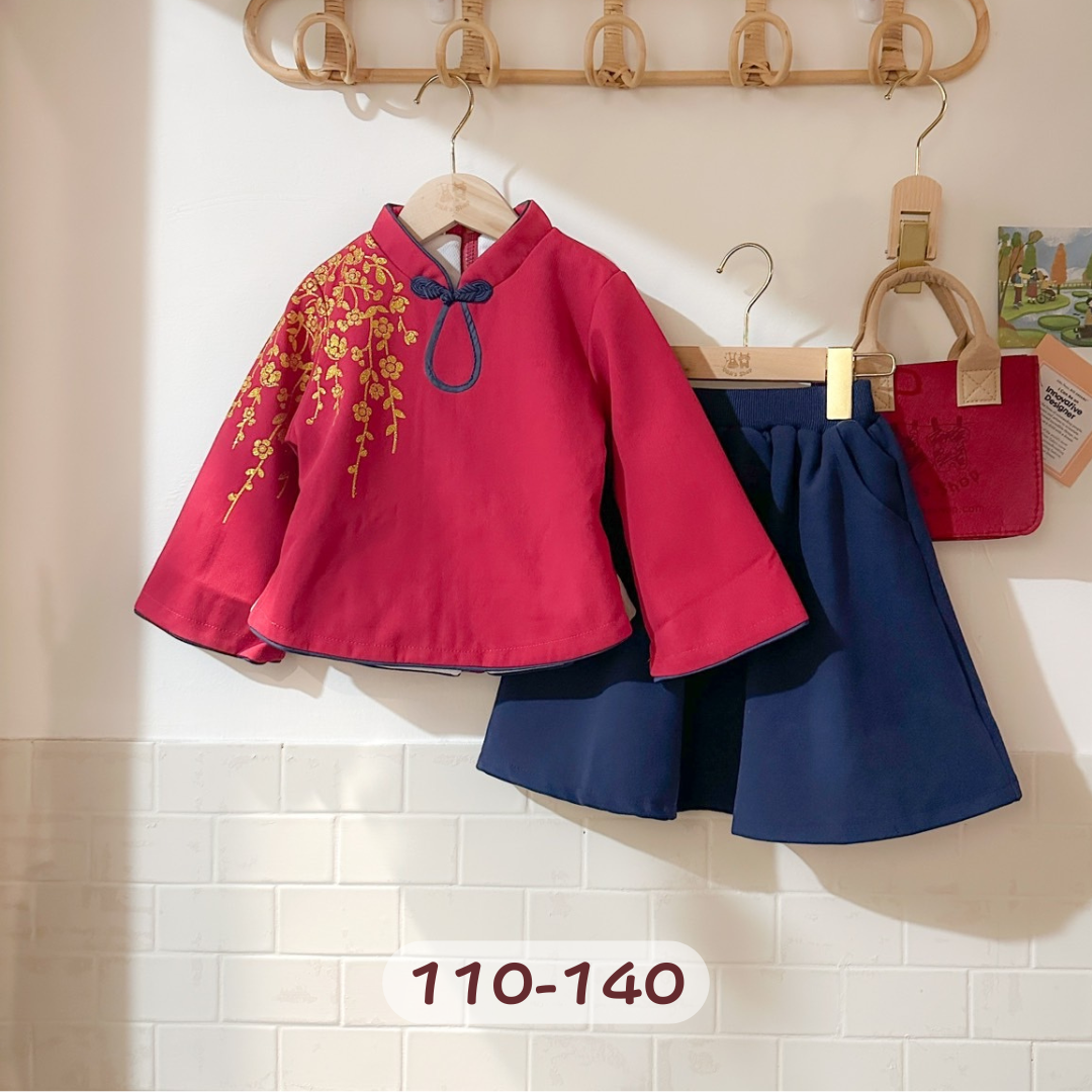 【限量】落肩櫻花-秋冬長袖中國風套裝二件組(100-140)