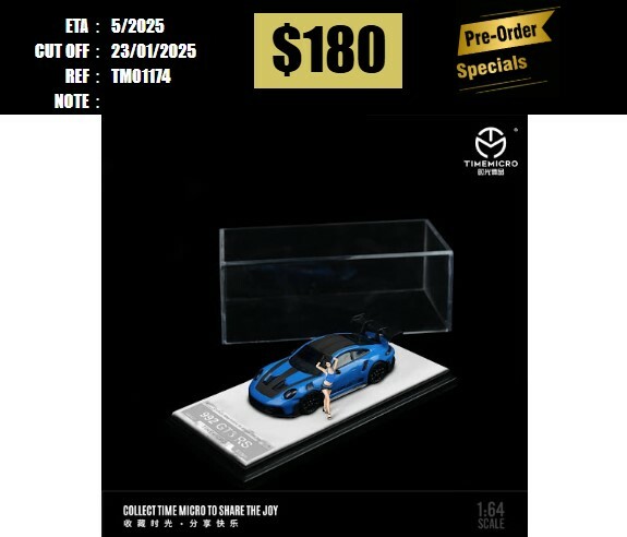 PO-$180 * TIME MICRO * 1:64 PORSCHE 911 992 GT3 RS STAR BLUE W/FIGURE [OD17/01]