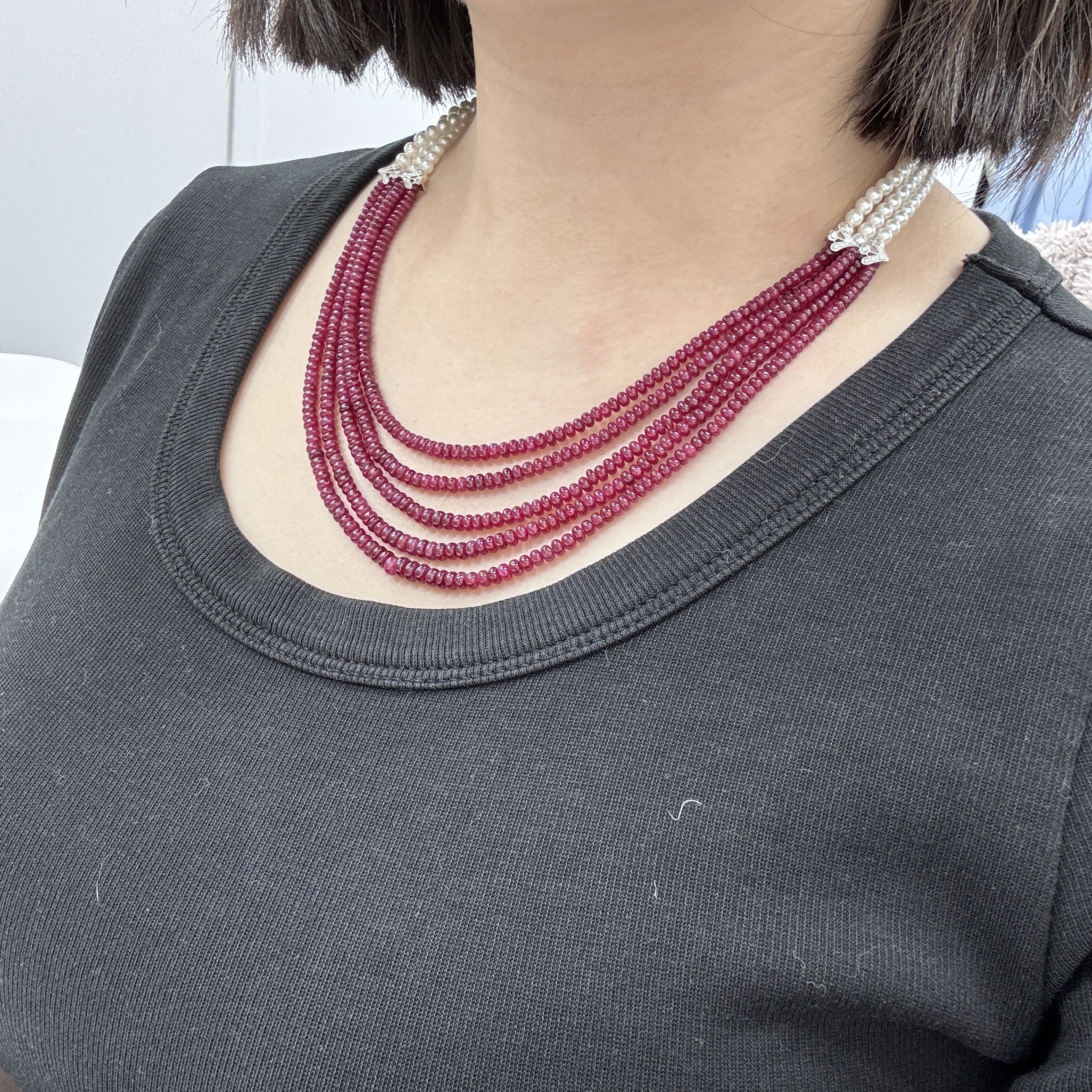 18K White Gold Cultured Pearl, Ruby Bead and Diamond Necklace