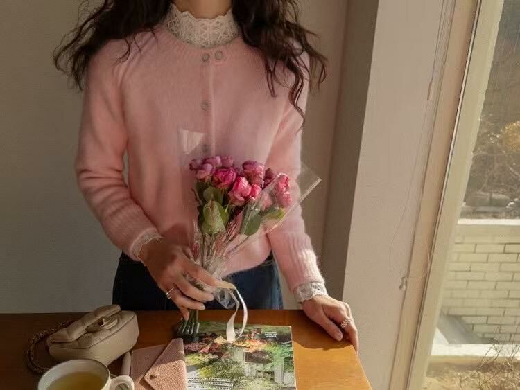 雙鈕圓領針織外套(粉紅色)