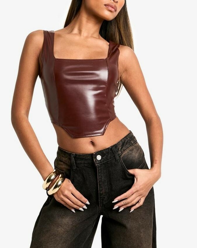 Wine Chocolate巧克力色 Vegan皮革方領馬甲上衣