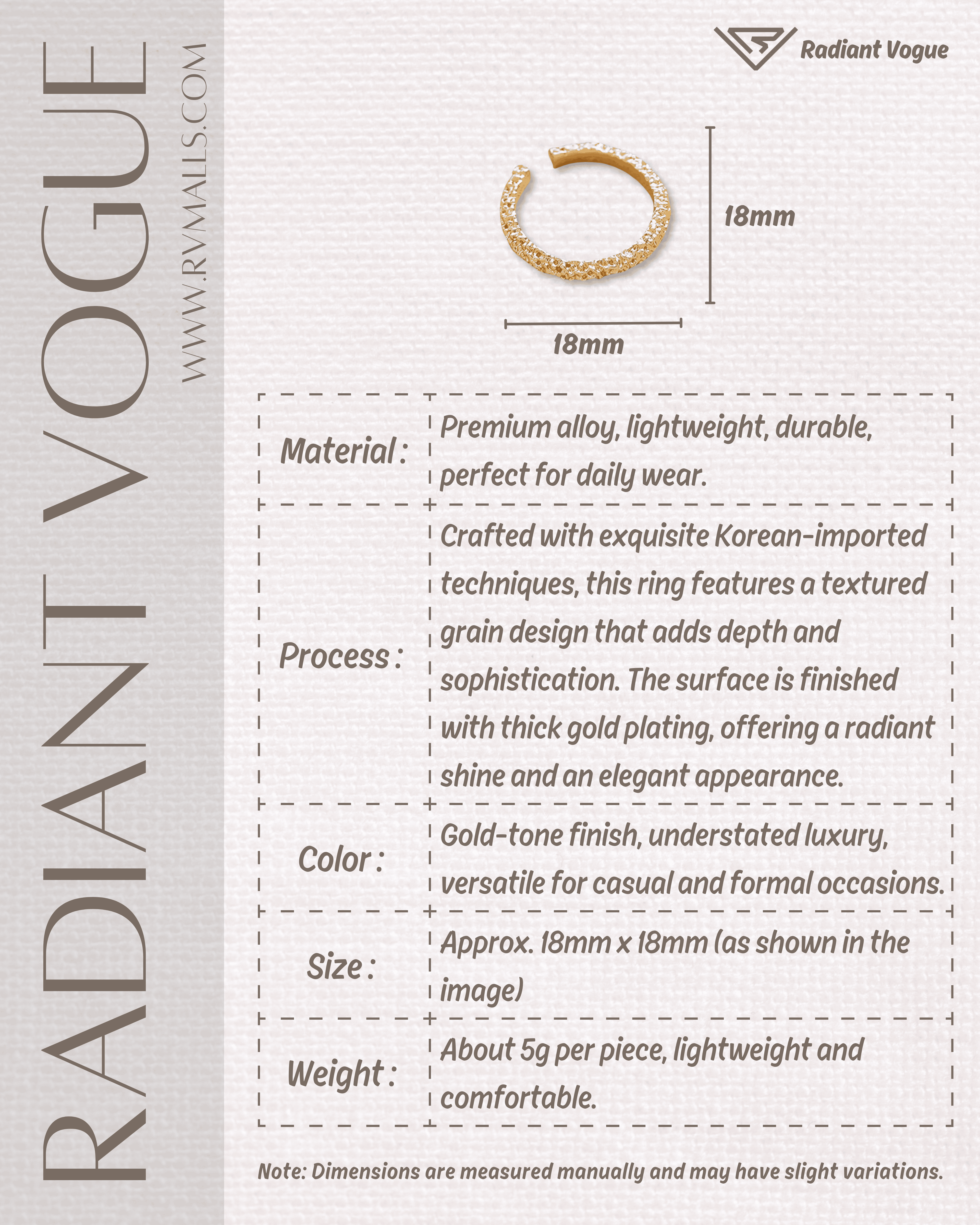 18mm尺寸, 約5克重量, 採用高品質合金與厚鍍金工藝, 輕便耐用, 適合日常佩戴。