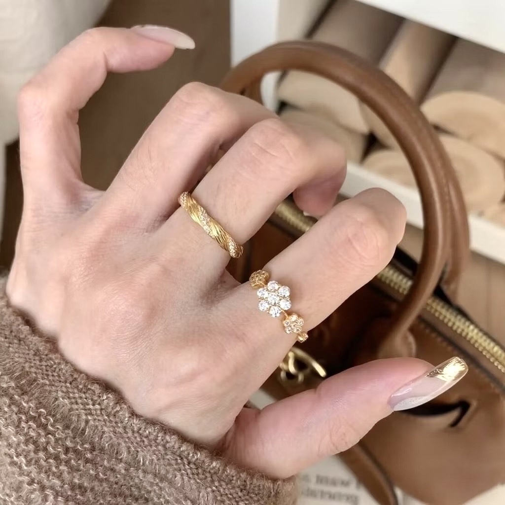 14k低奢金銀鑽花花”中古風重工開口戒