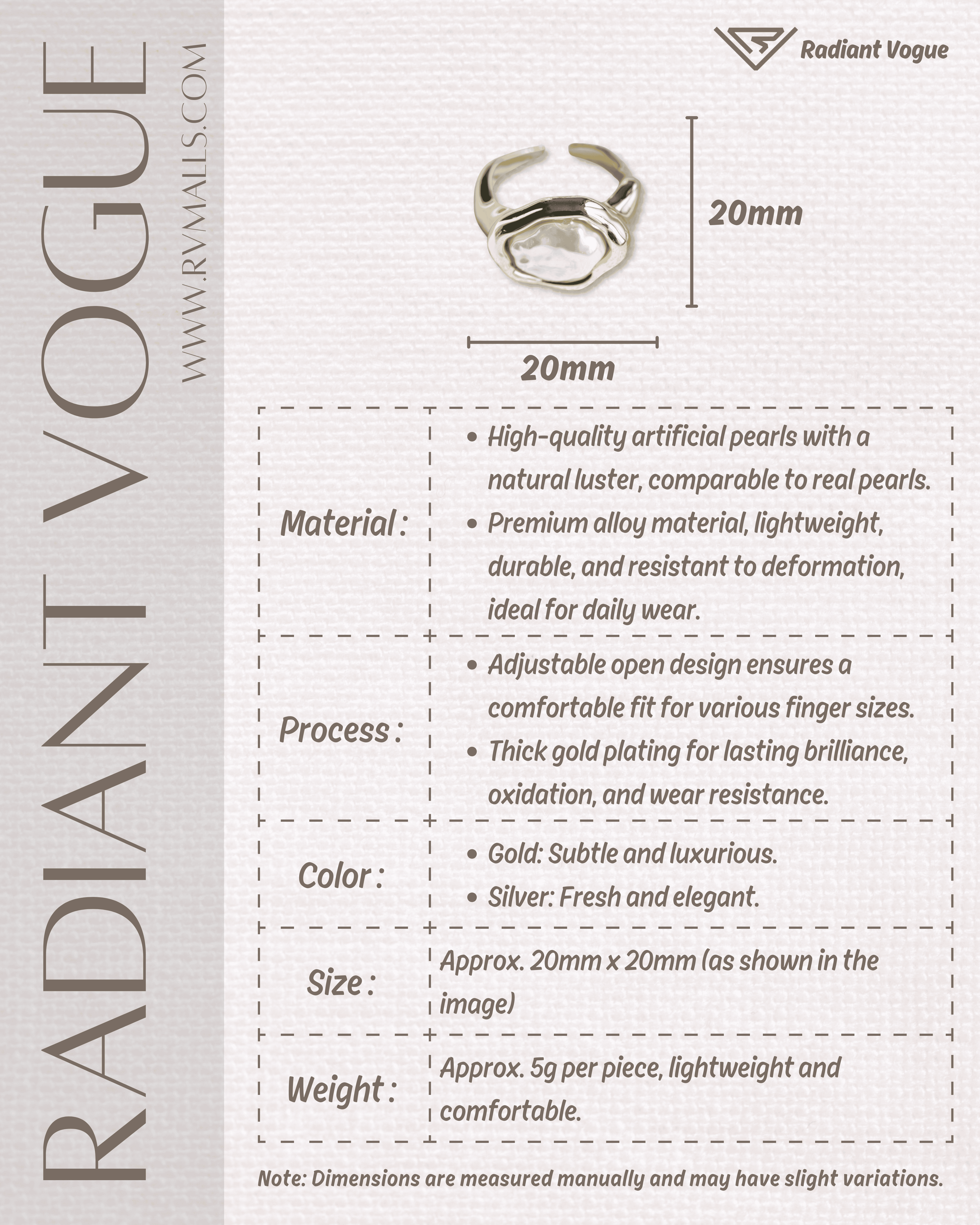 高品質人造珍珠媲美真珠, 輕盈耐用合金材質, 金色與銀色款式適合多種場合, 20mm尺寸, 5克輕巧設計。
