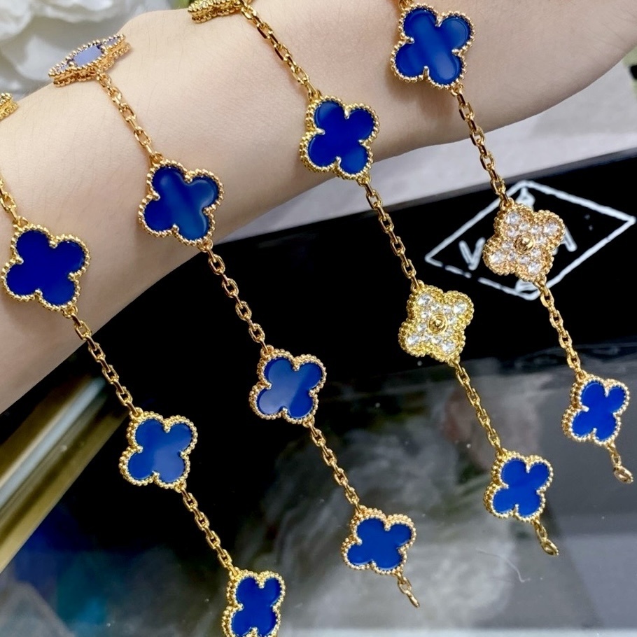 18k藍瑪瑙間隔水鑽五花四葉草”高奢定製手鍊