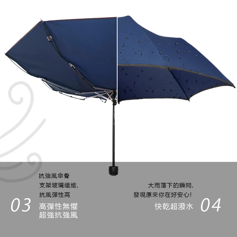 傘骨採用輕量鋁材質及輕量玻璃纖維傘骨,打造輕量效果,及抗風效果