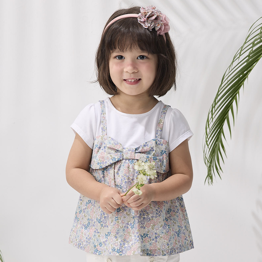 PIPPY 經典碎花剪接蝴蝶結假兩件短袖上衣 紫