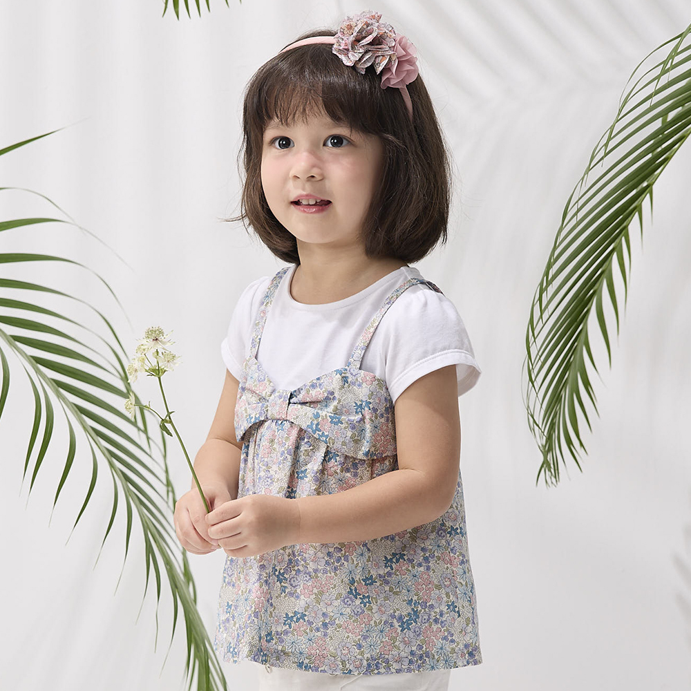 PIPPY 經典碎花剪接蝴蝶結假兩件短袖上衣 紫