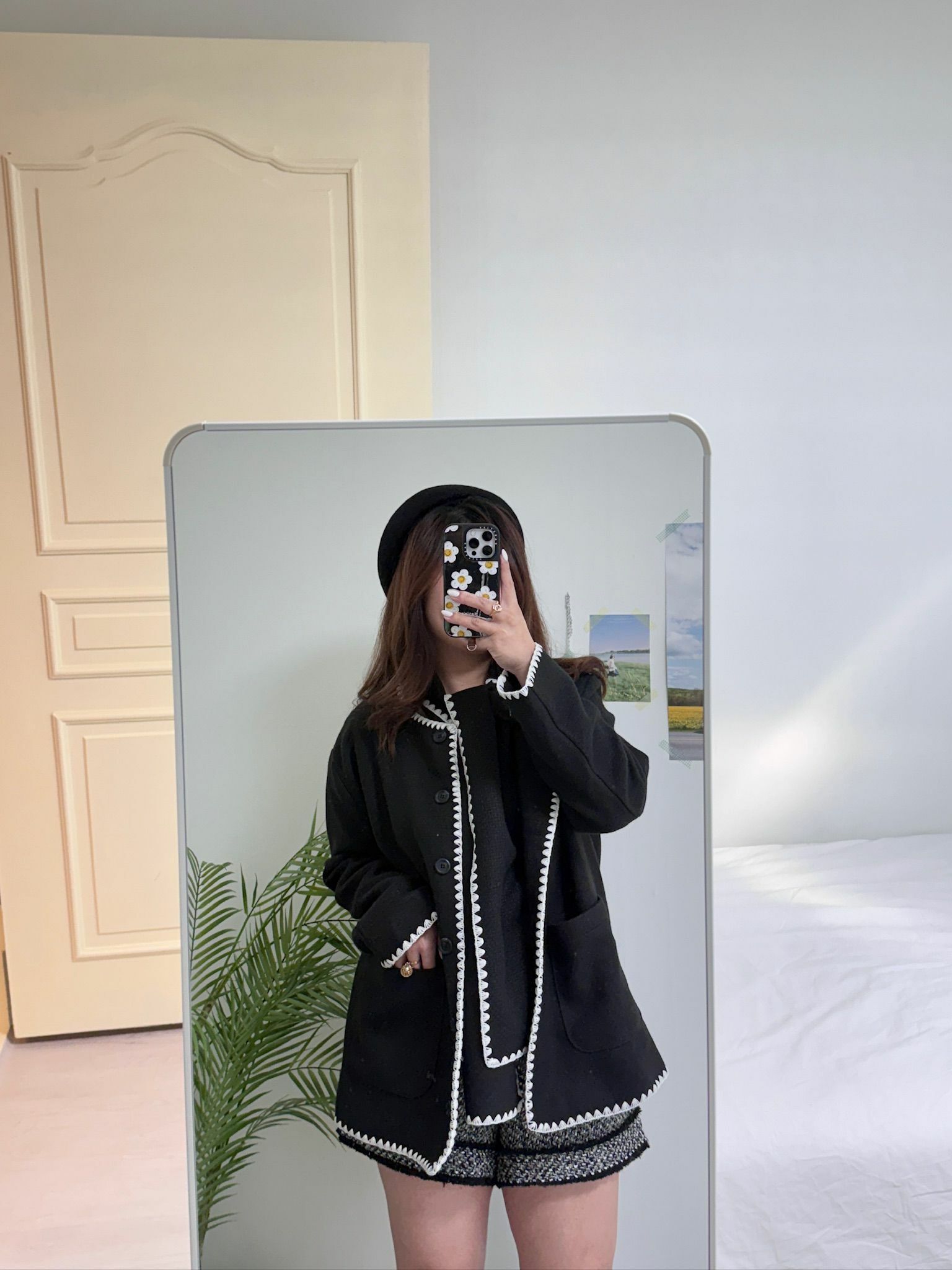 Tweed三角拼邊外套連頸巾(黑色)