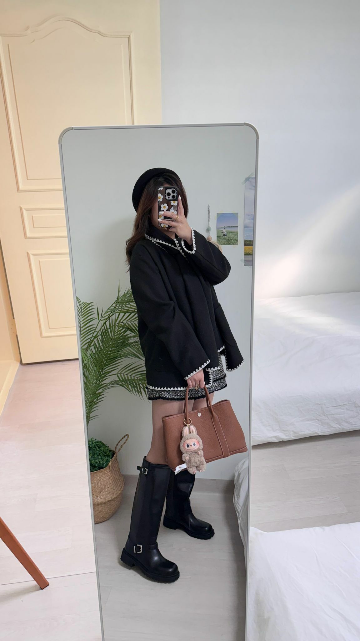 Tweed三角拼邊外套連頸巾(黑色)