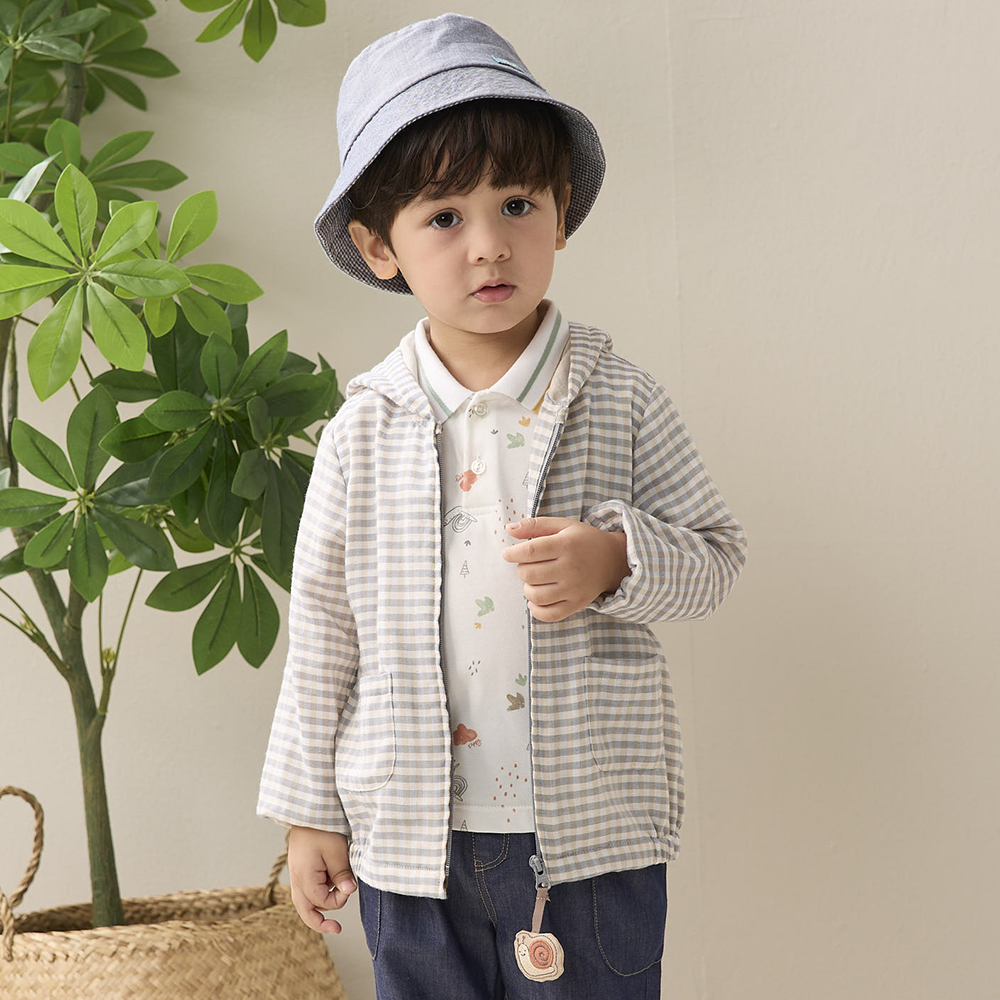 PIPPY經典格紋純棉小蝸牛吊飾連帽外套 灰