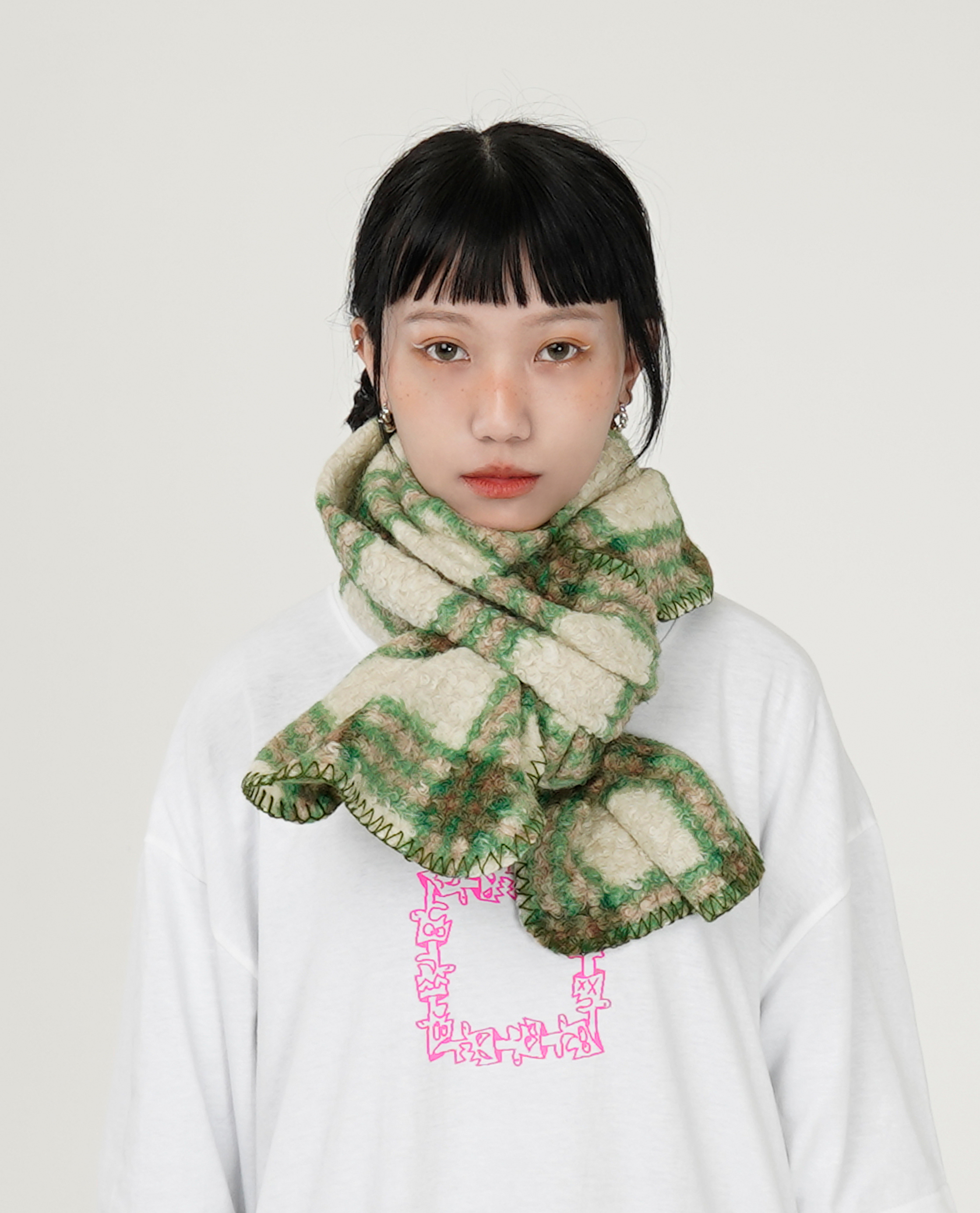 雙面格紋地毯邊圍巾