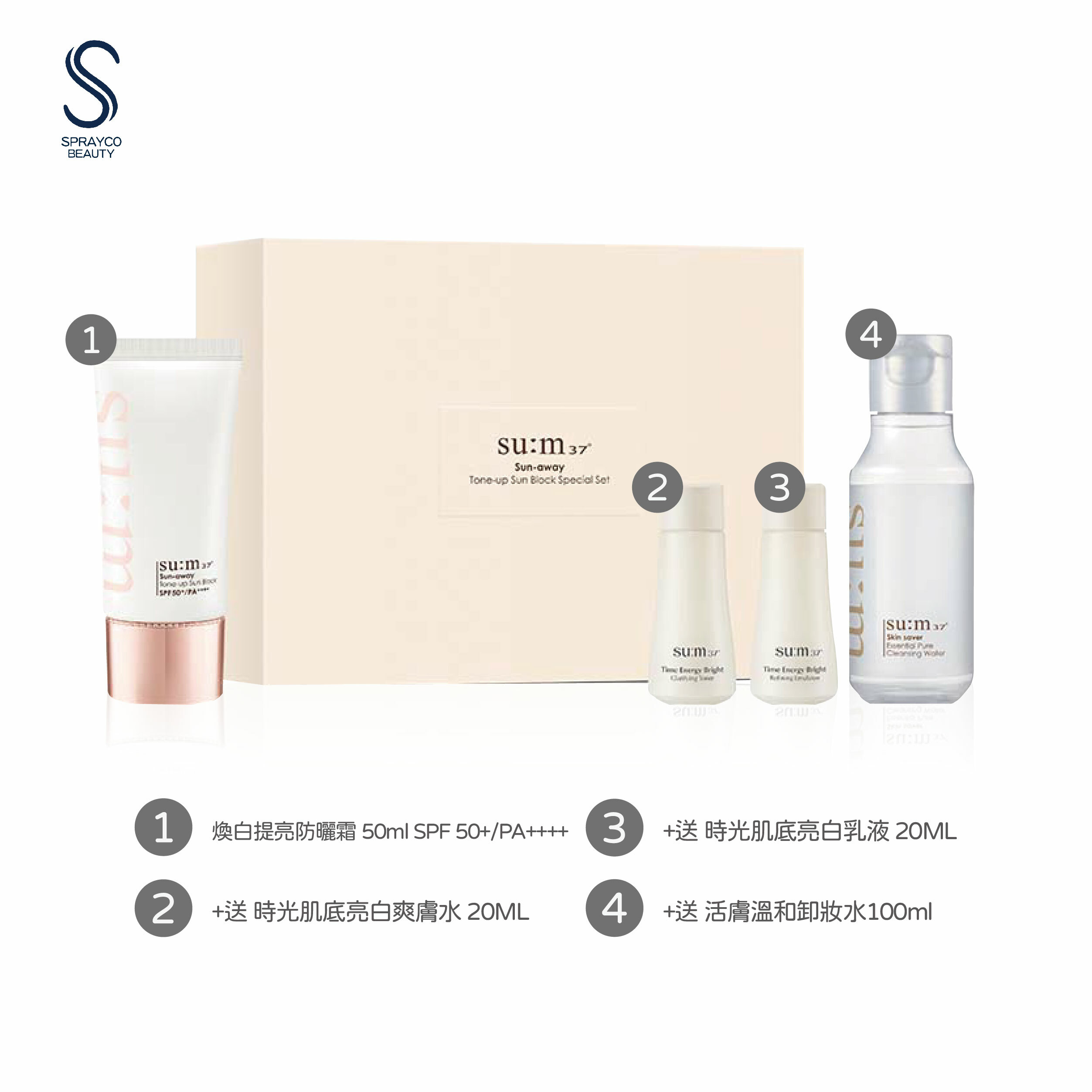 【su:m37 煥白提亮防曬霜 4件套】