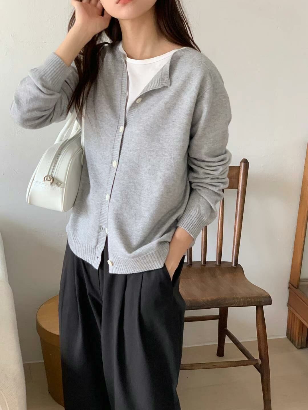 基礎必入!!圓領針織外套(灰色)