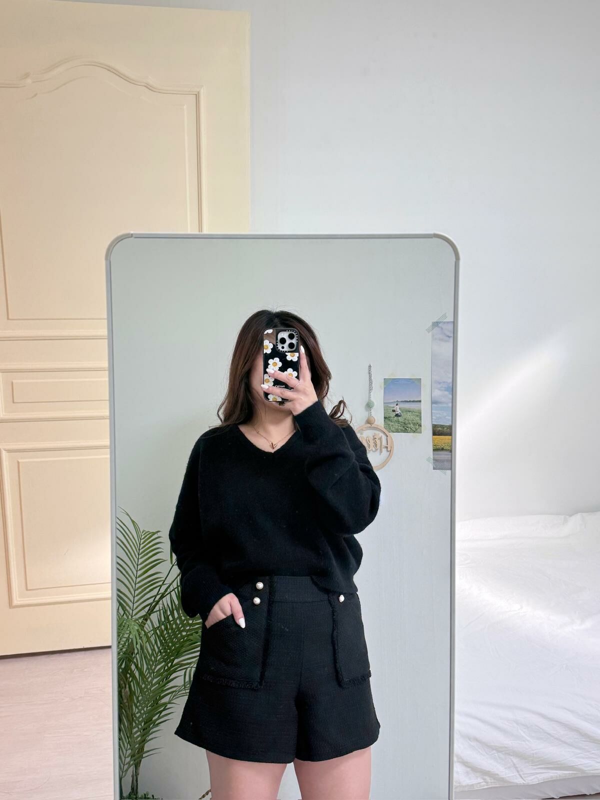 Tweed流蘇珍珠短褲(黑色)