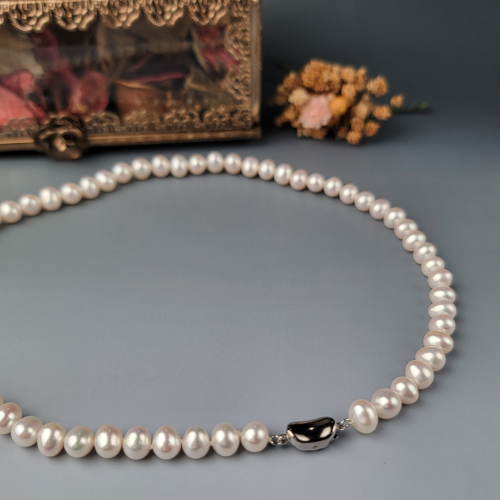 【me.luxe】SV珍珠元寶扣項鍊7mm