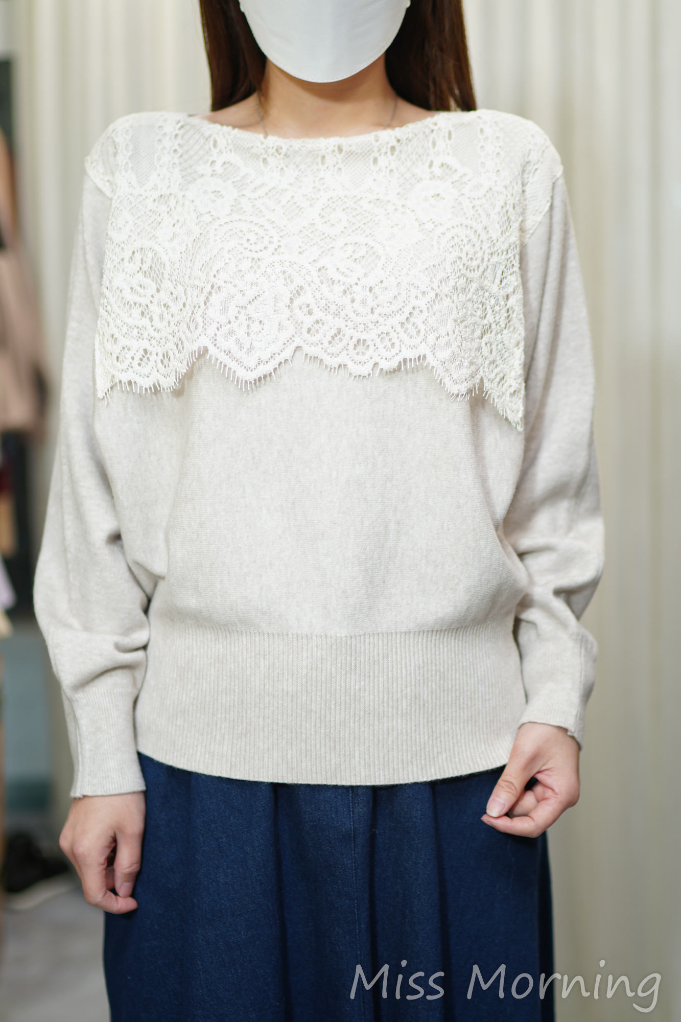 中薄軟熟拼lace顯瘦上衣(14411)