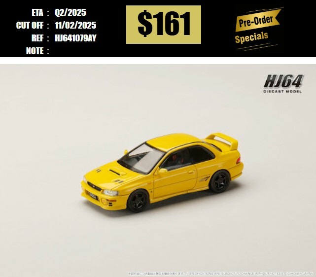PO-$161 * HOBBY JAPAN * 1:64 SUBARU Impreza PURE SPORTS COUPE WRX type R STi Version YELLOW HJ641079AY [OD18/01]