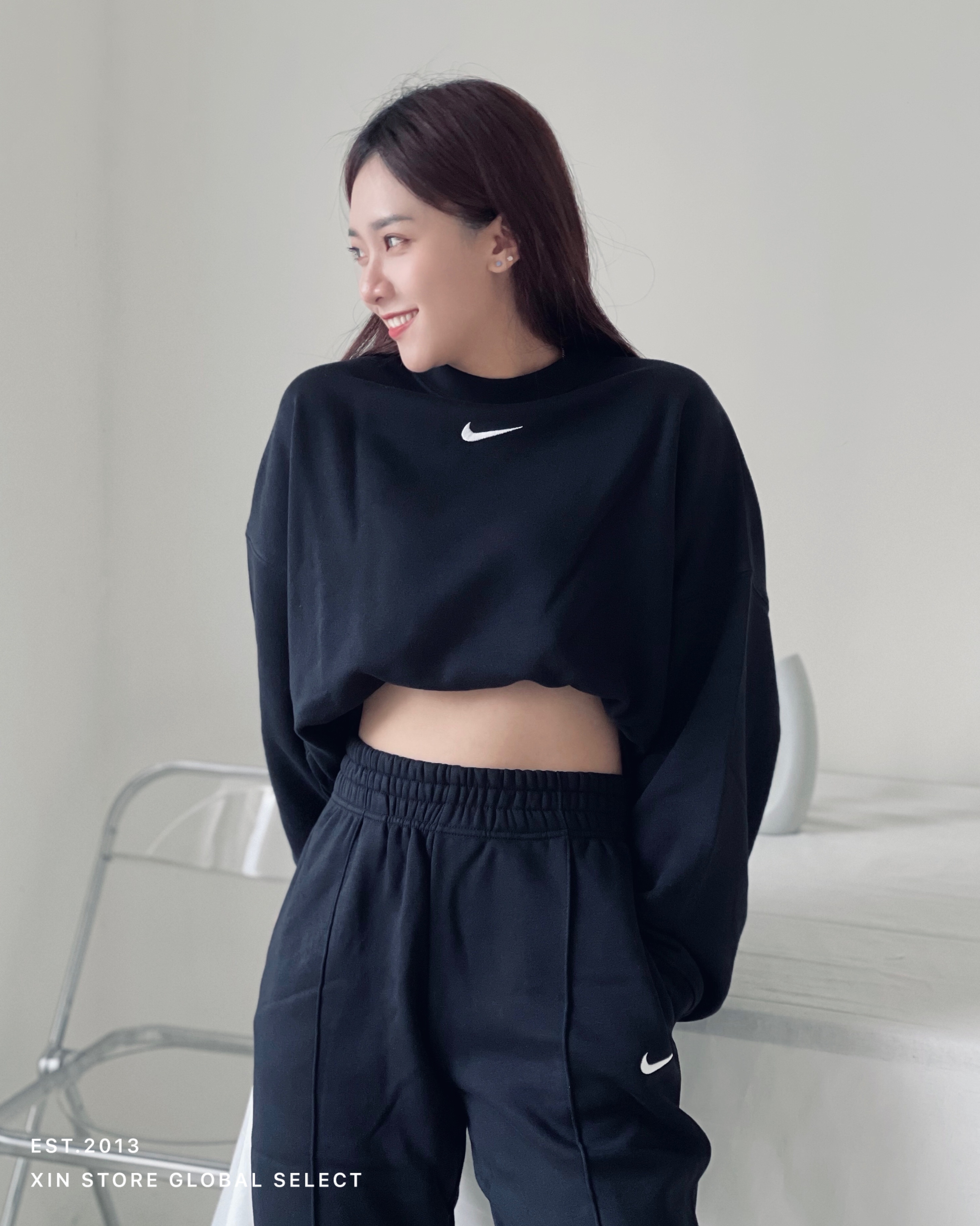 Nike NSW 刺繡 Logo 小勾 刷毛 落肩 短版 長袖 縮口 中線 棉褲 長褲 套裝