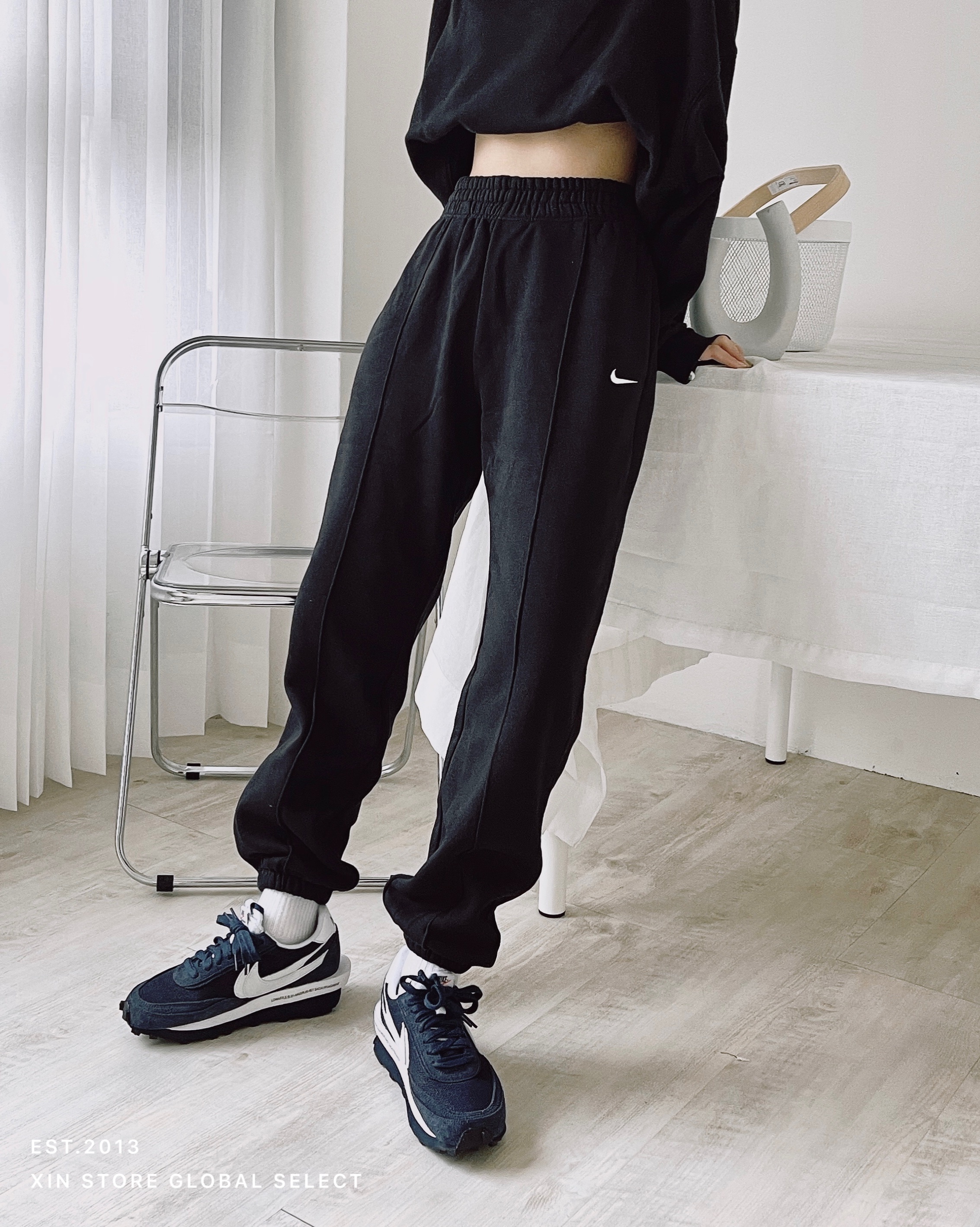 Nike NSW 刺繡 Logo 小勾 刷毛 落肩 短版 長袖 縮口 中線 棉褲 長褲 套裝