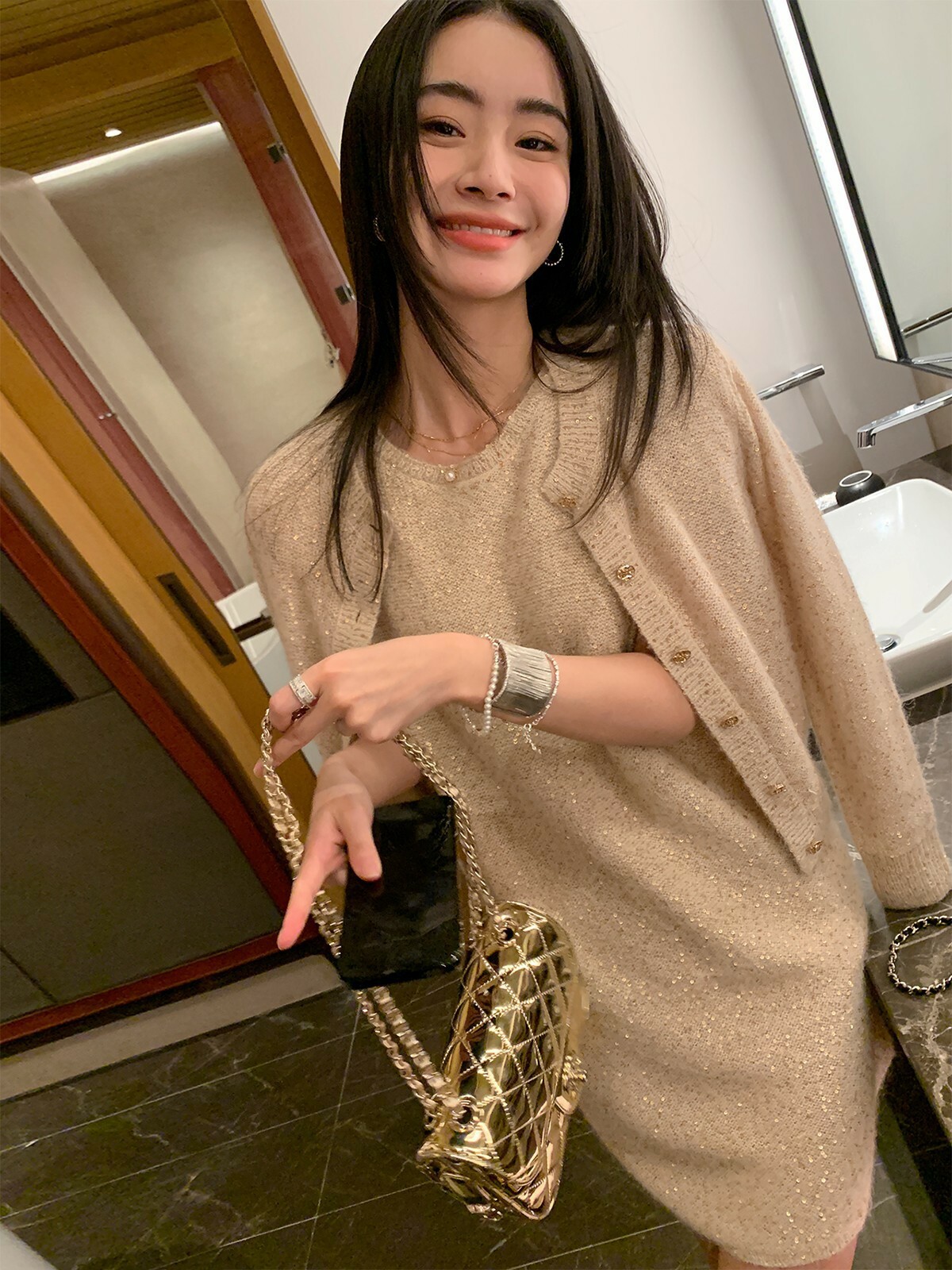 滿滿金箔珠片 短袖針織洋裝+外套(2件組)