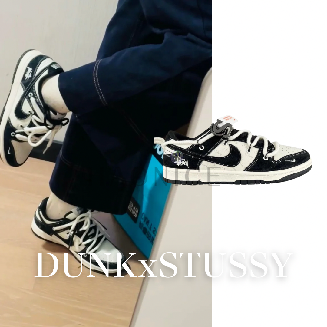 【HAO NICE獨家創作】 訂製款❗️手工鞋的尖端🤩惡作劇極致的藝術品 24SS STUSSY x NIKE 聯名🔥經典刺繡logo黑白配板鞋 休閒鞋 復古街頭
