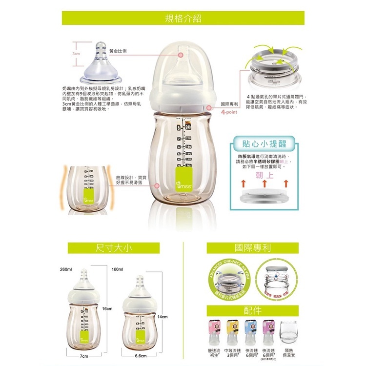 【樂森藥局】荷蘭Umee 寬口 防脹氣 PPSU 玻璃 奶瓶 附奶嘴 寬口徑 160ML 260ML