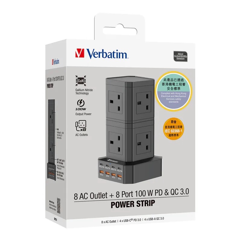 Verbatim 8個AC插座+8個USB 100W PD & QC3.0 電源塔