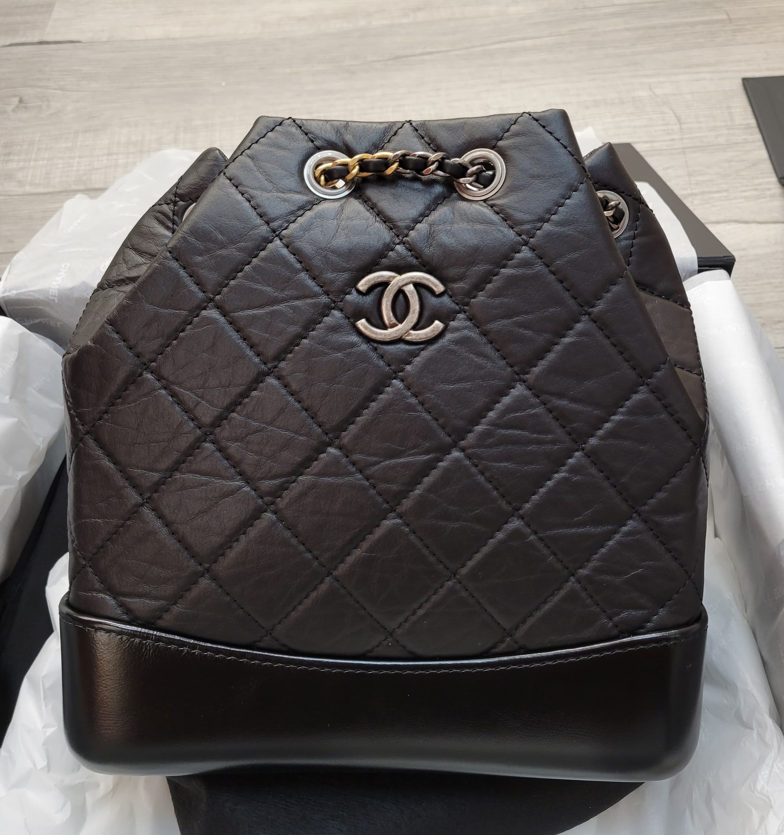 Chanel A94485 Gabrielle Backpack black 菱格牛皮流浪背後包