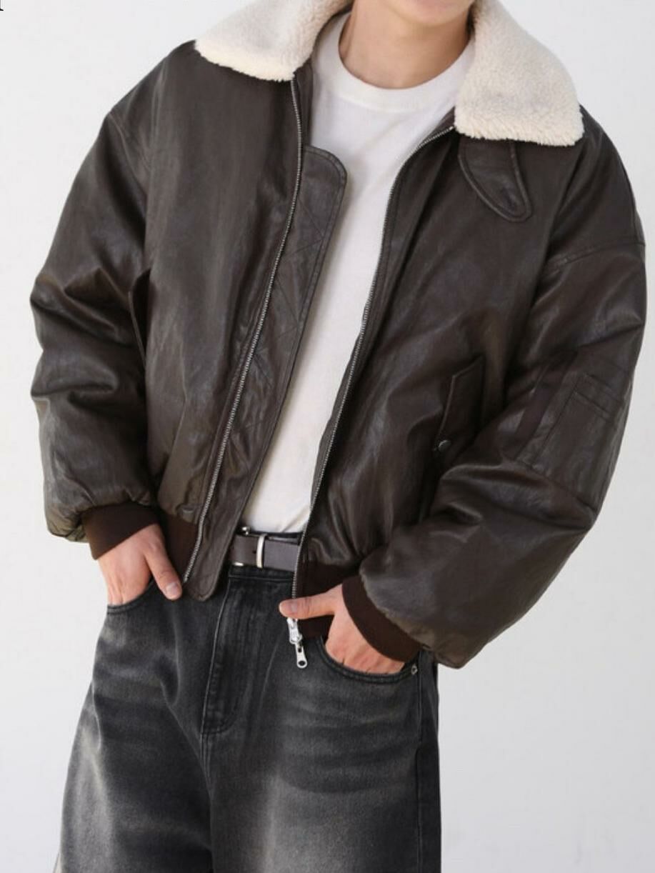 毛毛領拉鍊合成皮褸 Veil-004JK